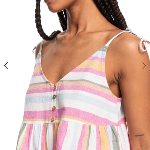 Roxy Pink, White, Yellow Striped Button Midriff Tank Top - Picture 11 of 11